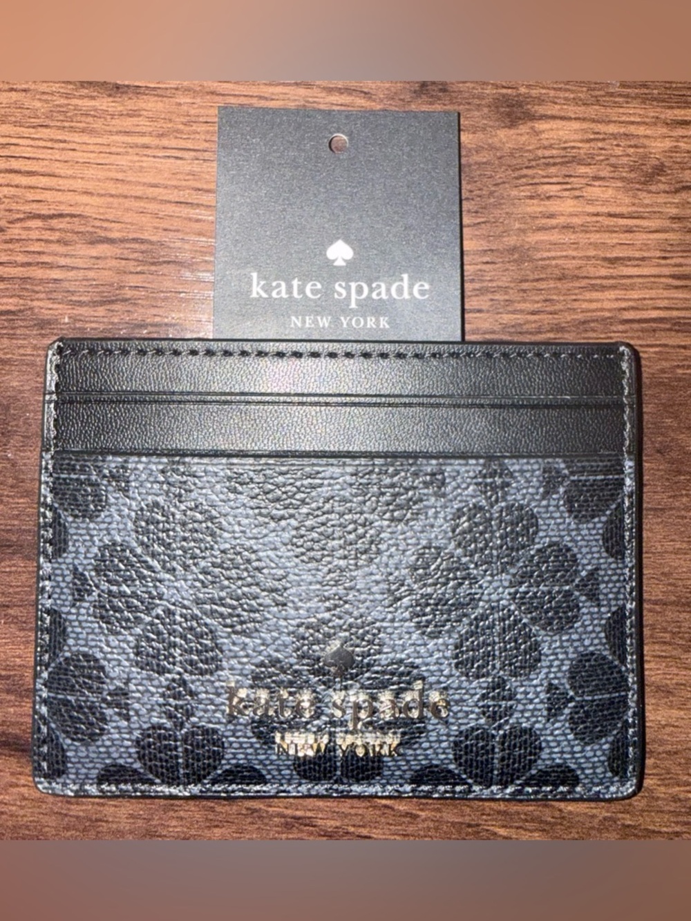 kate spade Black Floral Pattern Card Holder with Gold Logo
